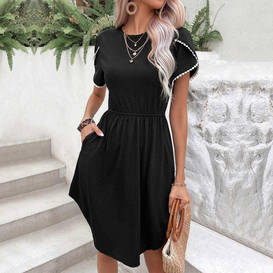Round Neck Petal Sleeve Dress with Pockets - Trendsi - Flyclothing LLC