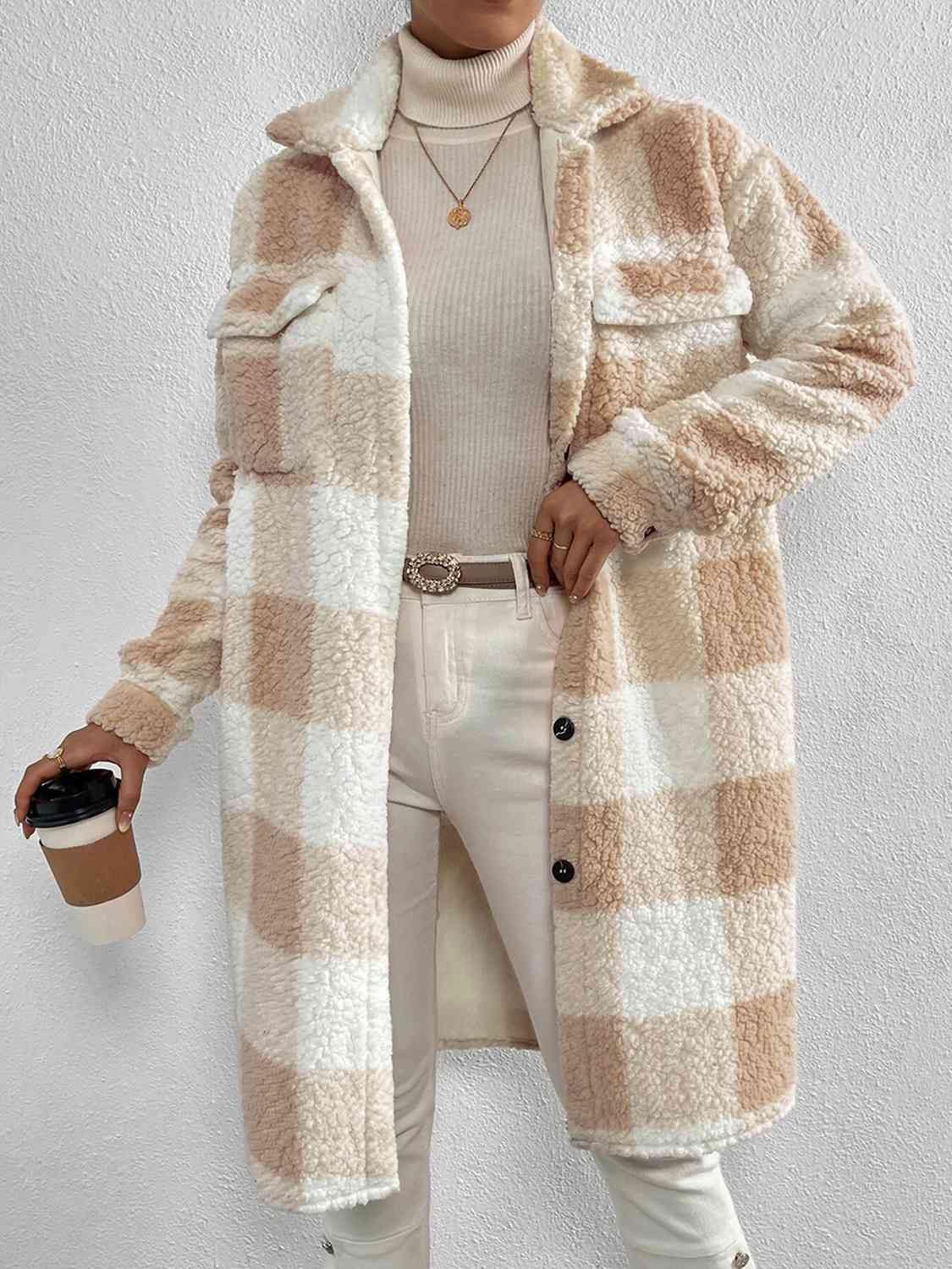 Plaid Collared Neck Button Down Coat - Trendsi