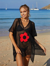 Openwork Flower V-Neck Short Sleeve Cover Up - Trendsi - Flyclothing LLC