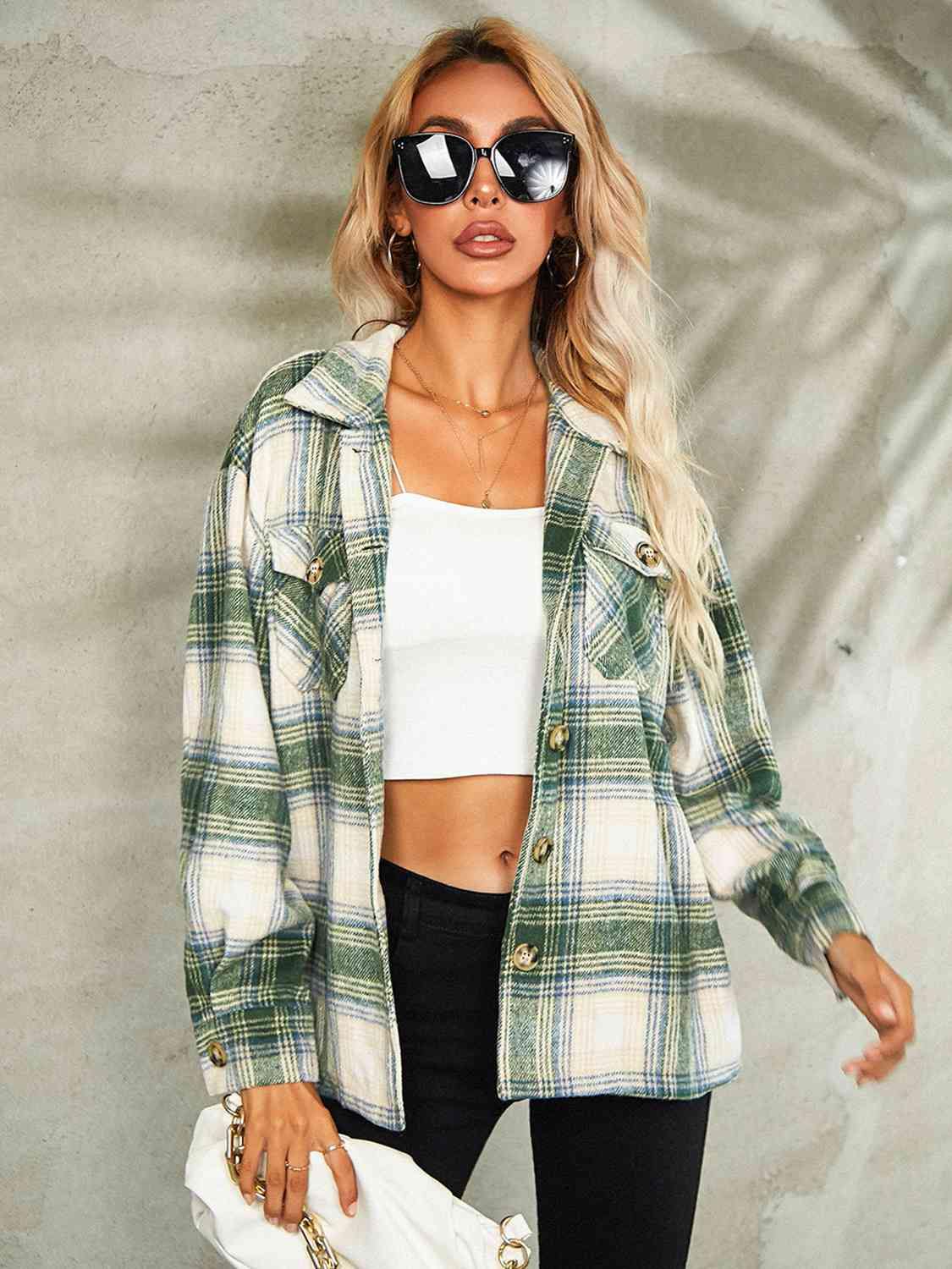 Plaid Button Down Collared Jacket - Trendsi