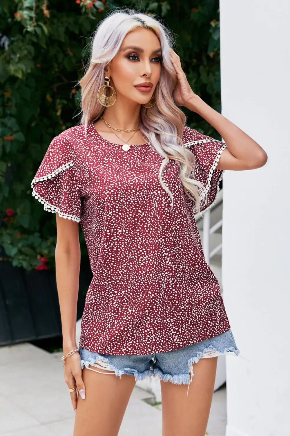 Printed Pom Pom Detail Petal Sleeve Blouse - Trendsi - Flyclothing LLC