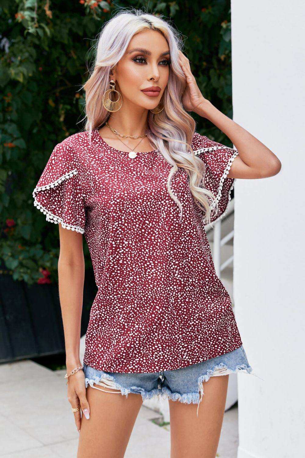 Printed Pom Pom Detail Petal Sleeve Blouse - Trendsi