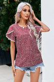Printed Pom Pom Detail Petal Sleeve Blouse - Trendsi