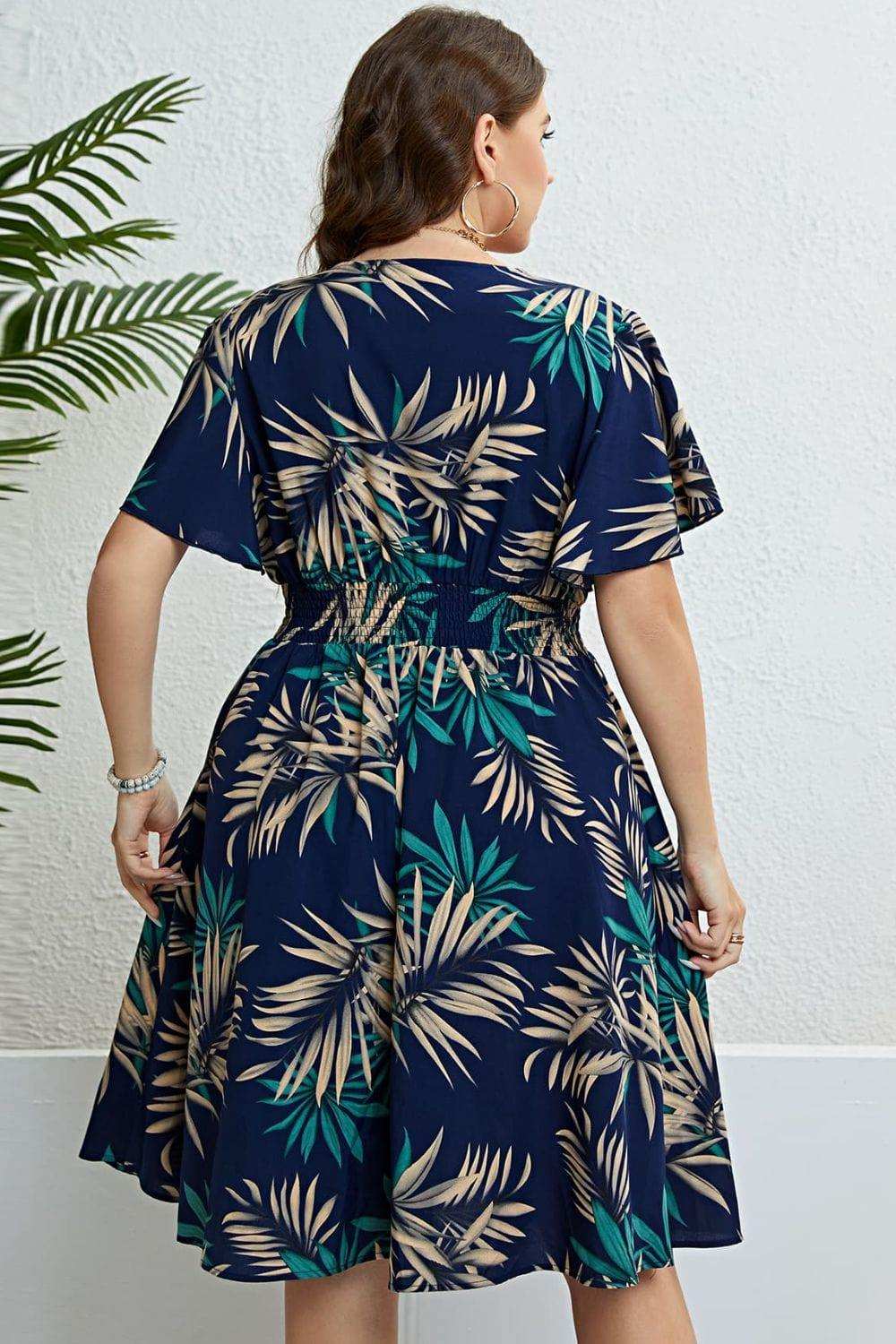 Botanical Print Flutter Sleeve Smocked Waist Dress - Trendsi - Flyclothing LLC