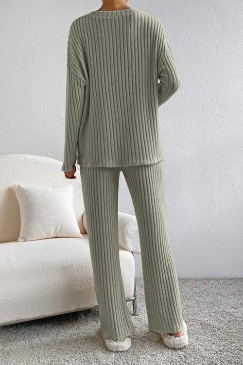 Ribbed V-Neck Top and Pants Set - Trendsi - Flyclothing LLC