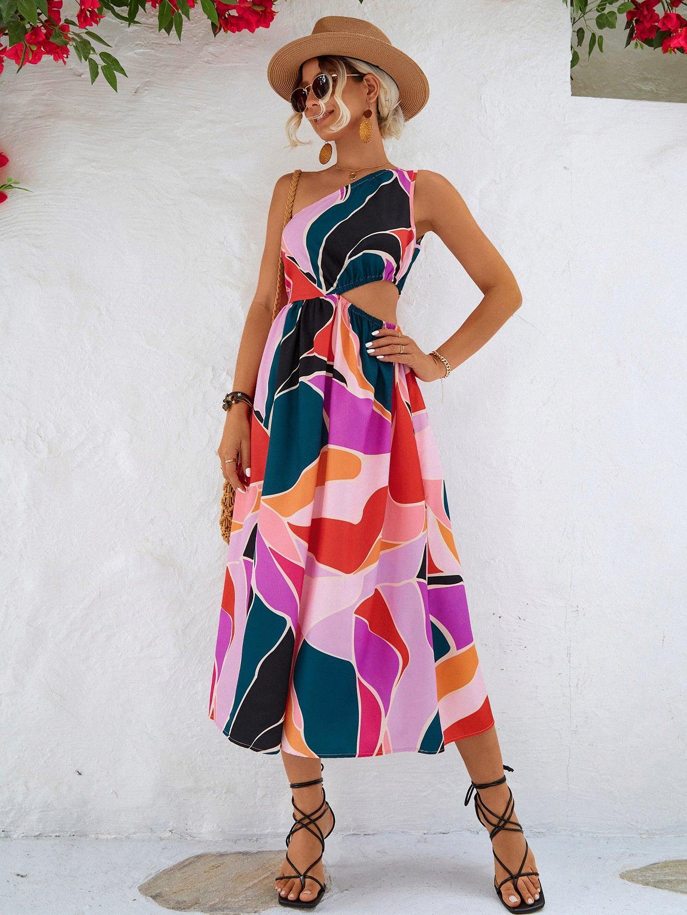Printed Cutout One-Shoulder Sleeveless Dress - Trendsi