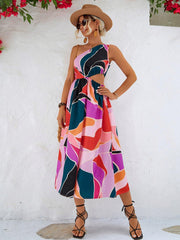 Printed Cutout One-Shoulder Sleeveless Dress - Trendsi