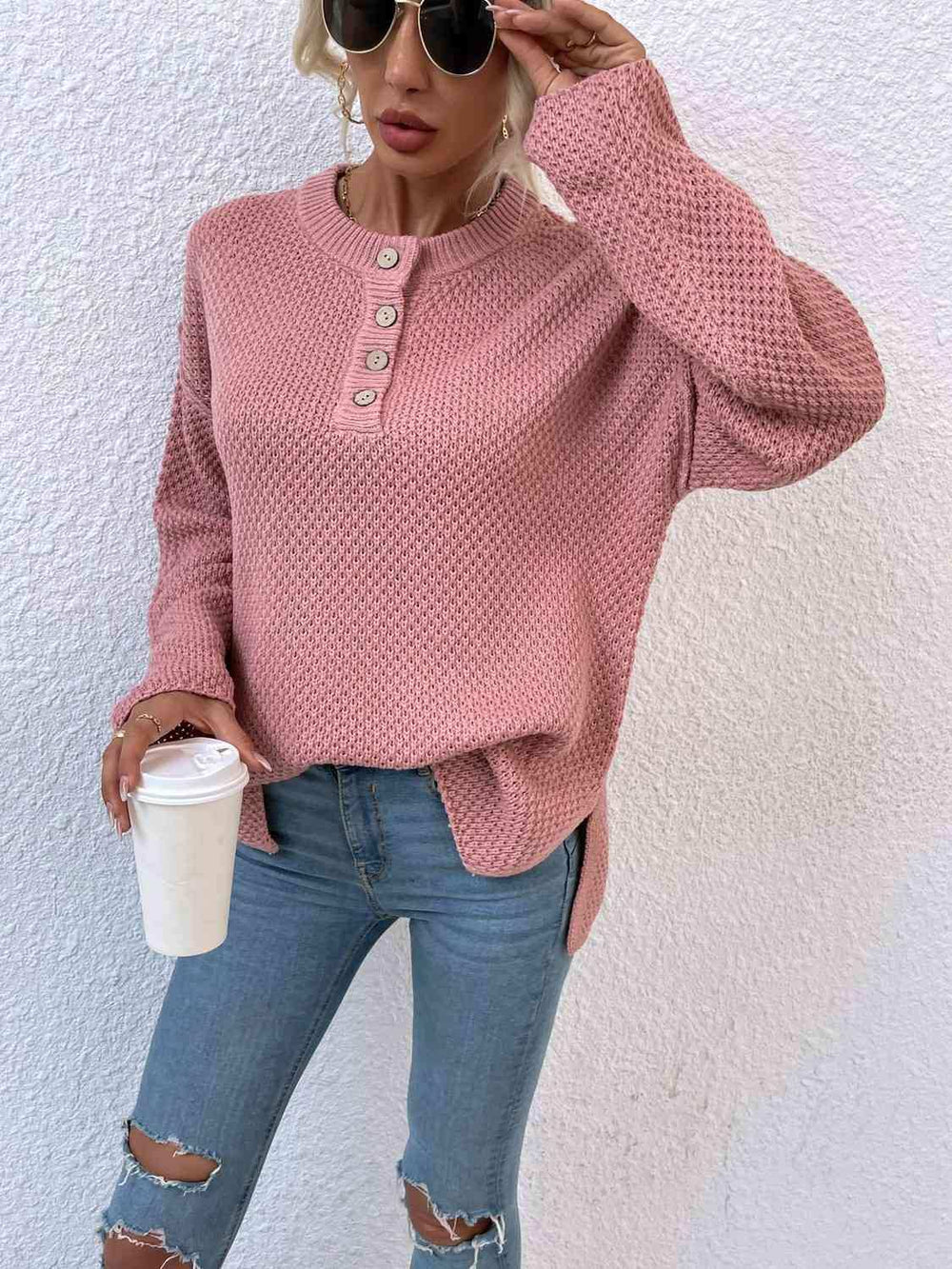 Quarter-Button Slit Sweater - Trendsi - Flyclothing LLC