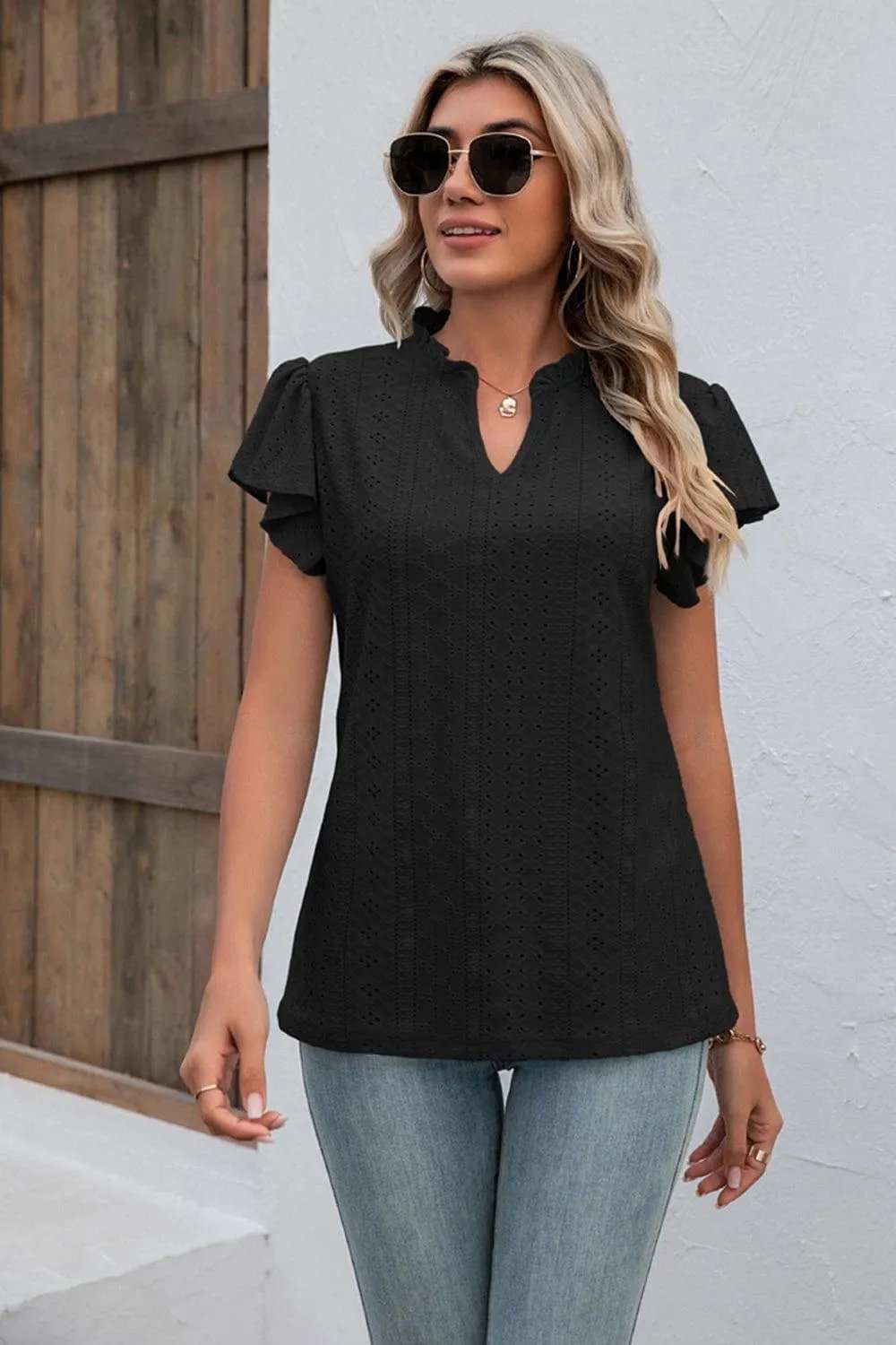 Eyelet Notched Neck Flutter Sleeve Top - Trendsi - Flyclothing LLC