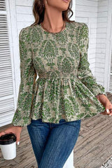 Smocked Printed Balloon Sleeve Blouse - Trendsi - Flyclothing LLC