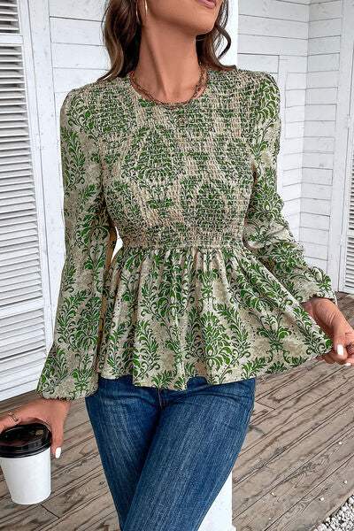 Smocked Printed Balloon Sleeve Blouse - Trendsi - Flyclothing LLC