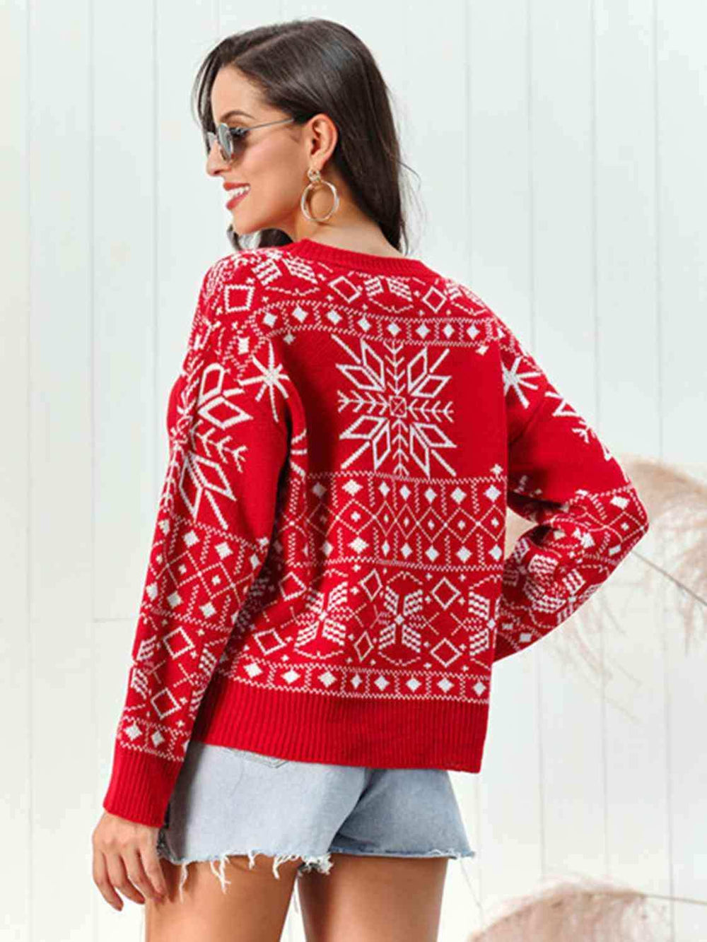 Snowflake Pattern Round Neck Sweater - Trendsi - Flyclothing LLC