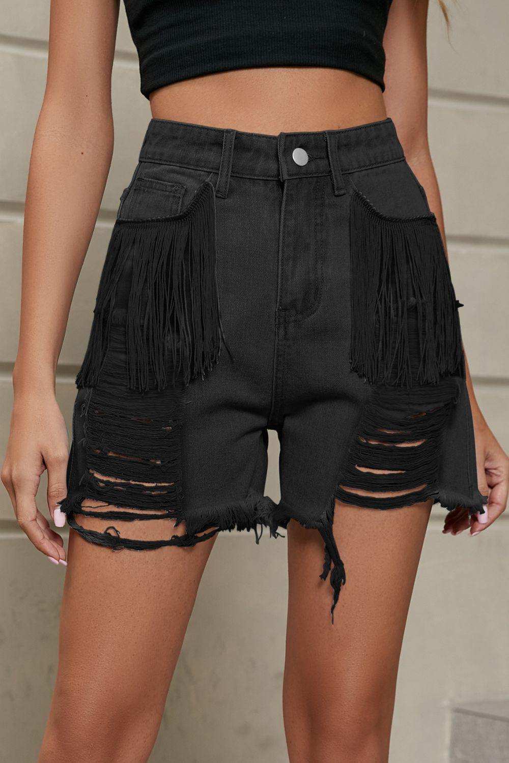 Fringe Trim Distressed Denim Shorts with Pockets - Trendsi - Flyclothing LLC