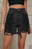 Fringe Trim Distressed Denim Shorts with Pockets - Trendsi - Flyclothing LLC