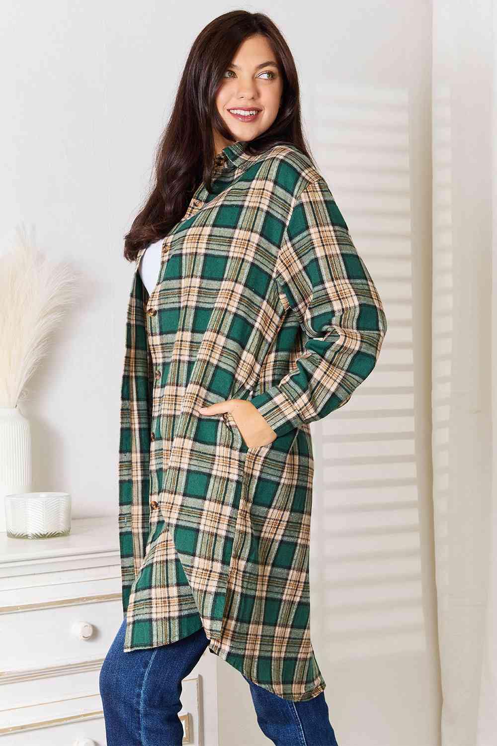 Double Take Plaid Collared Neck Long Sleeve Shirt - Trendsi