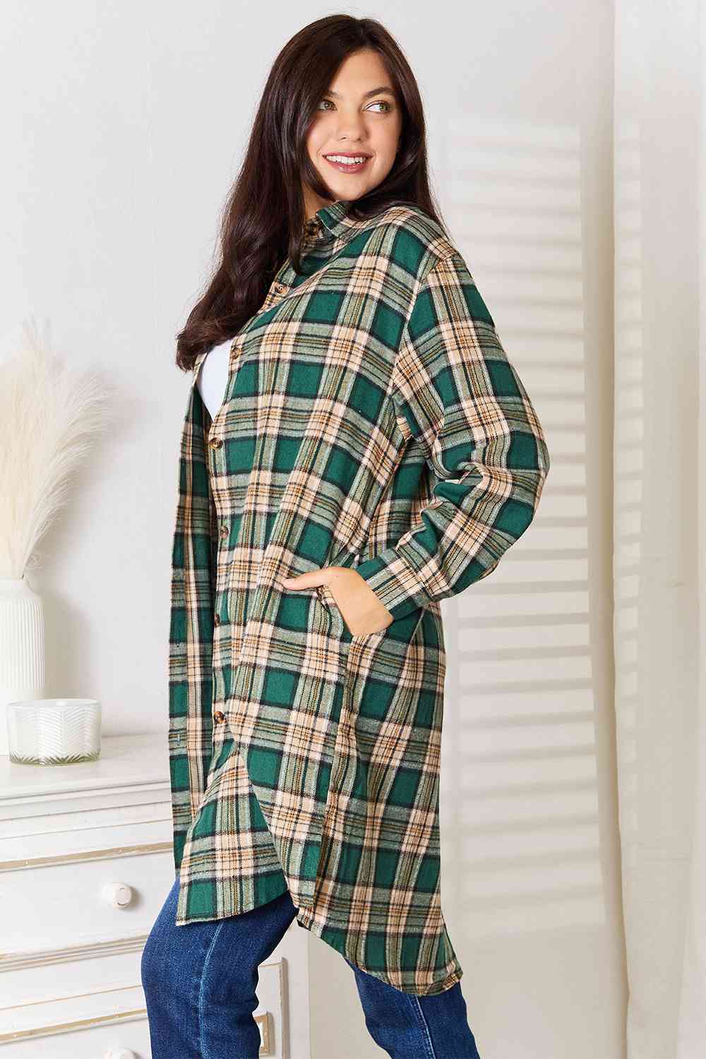 Double Take Plaid Collared Neck Long Sleeve Shirt - Trendsi - Flyclothing LLC