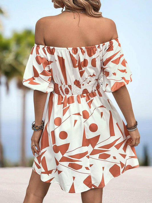 Printed Off-Shoulder Smocked Waist Dress - Trendsi - Flyclothing LLC