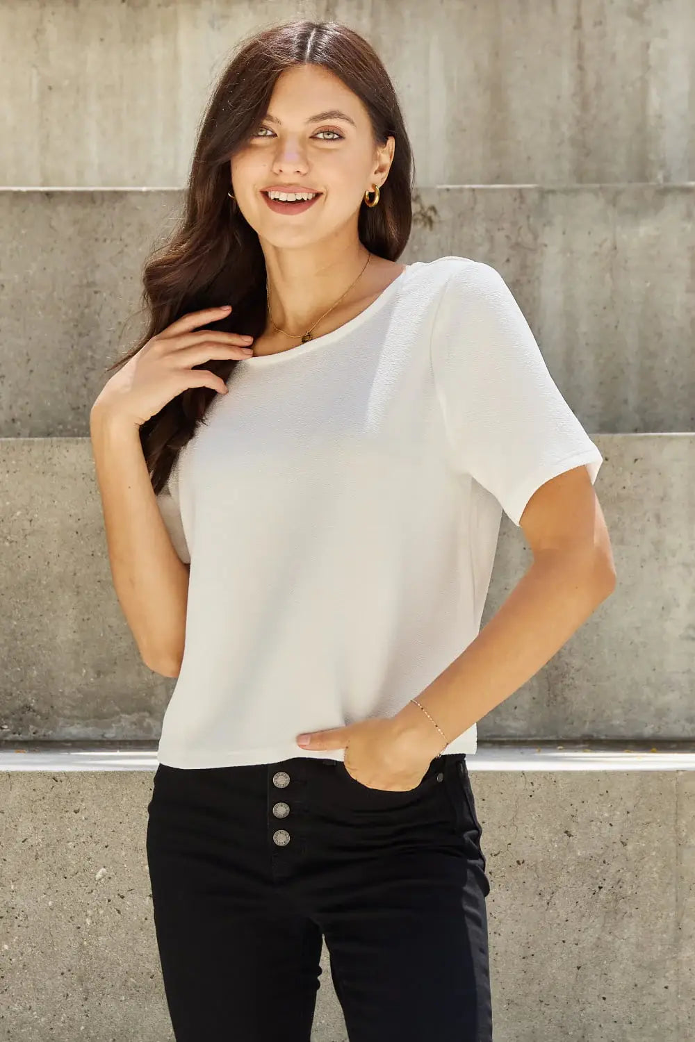 And The Why Pearly White Full Size Criss Cross Pearl Detail Open Back T-Shirt - Trendsi - Flyclothing LLC