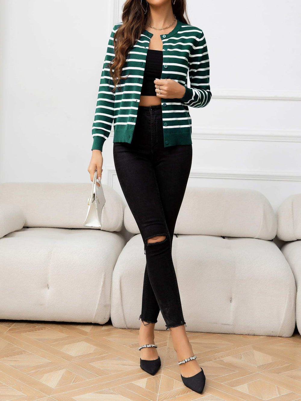 Striped Round Neck Long Sleeve Buttoned Knit Top - Trendsi - Flyclothing LLC
