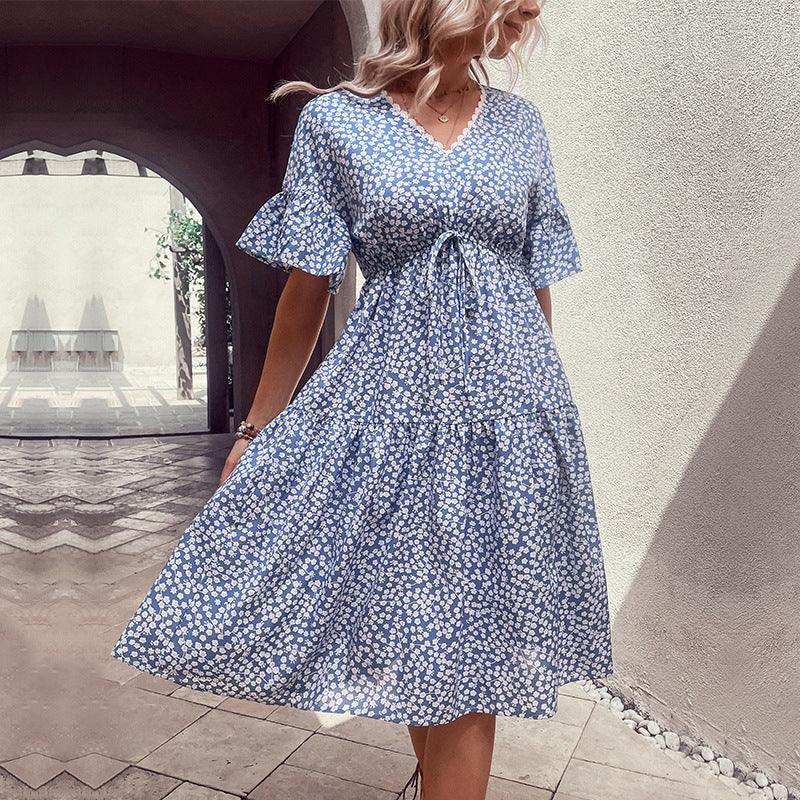 Floral Flounce Sleeve V-Neck Dress - Trendsi - Flyclothing LLC