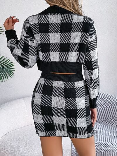 Plaid Round Neck Top and Skirt Sweater Set - Trendsi