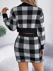 Plaid Round Neck Top and Skirt Sweater Set - Trendsi
