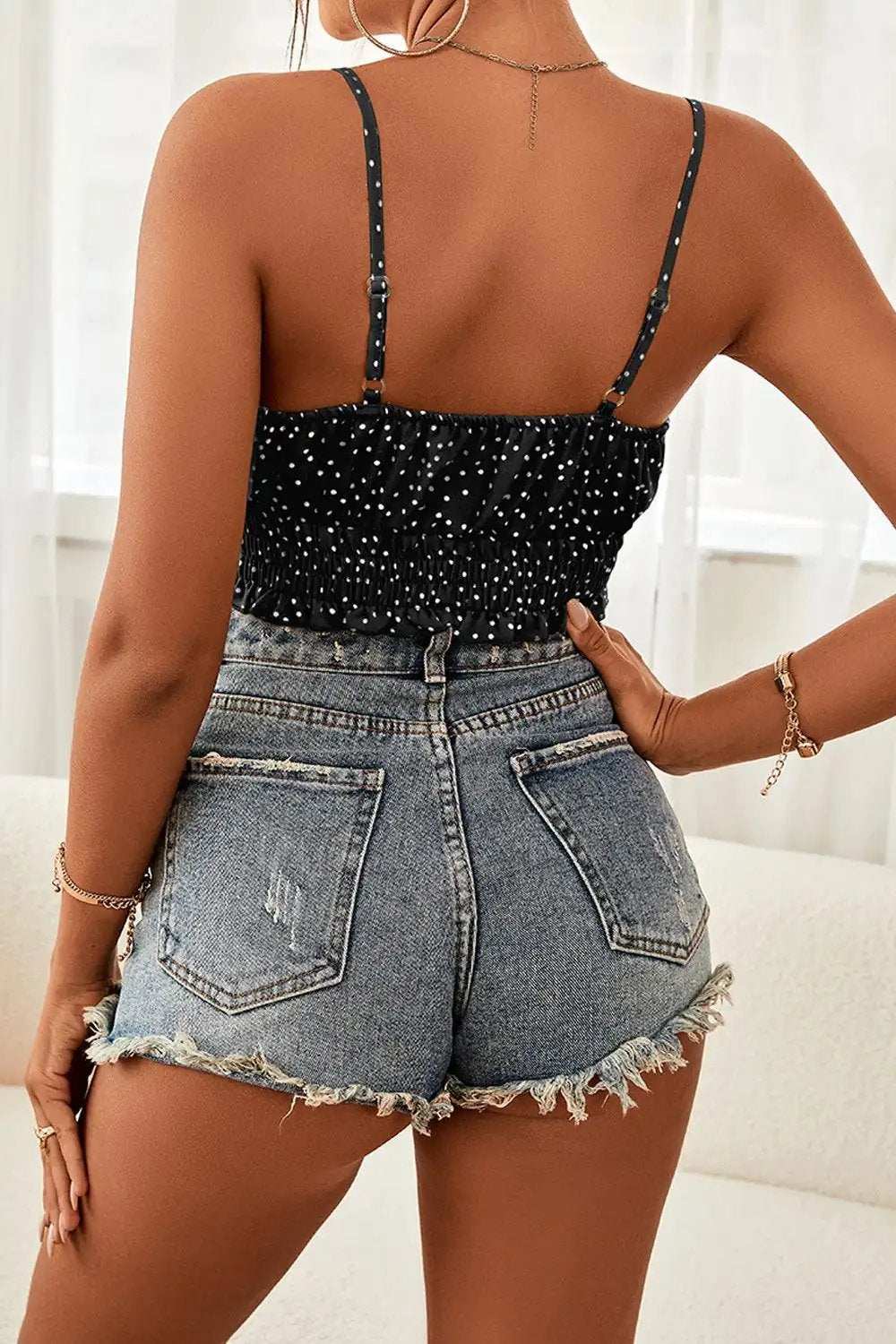 Polka Dot Tied Frill Trim Cami - Trendsi - Flyclothing LLC