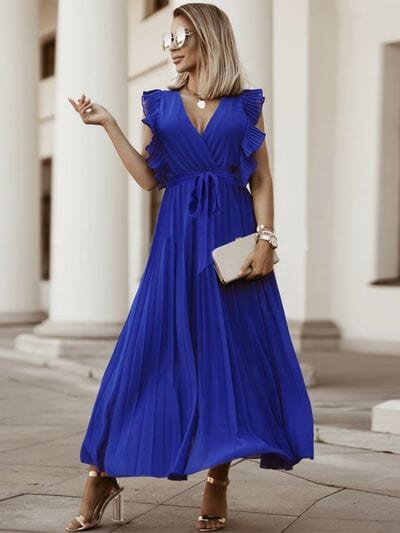 Tied Surplice Cap Sleeve Pleated Dress - Flyclothing LLC
