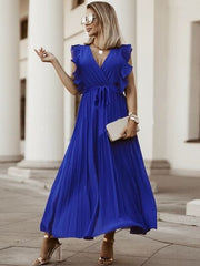 Tied Surplice Cap Sleeve Pleated Dress - Flyclothing LLC