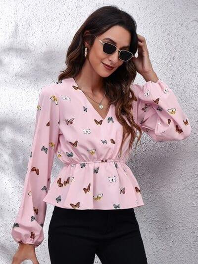 Butterfly V-Neck Balloon Sleeve Peplum Blouse - Trendsi