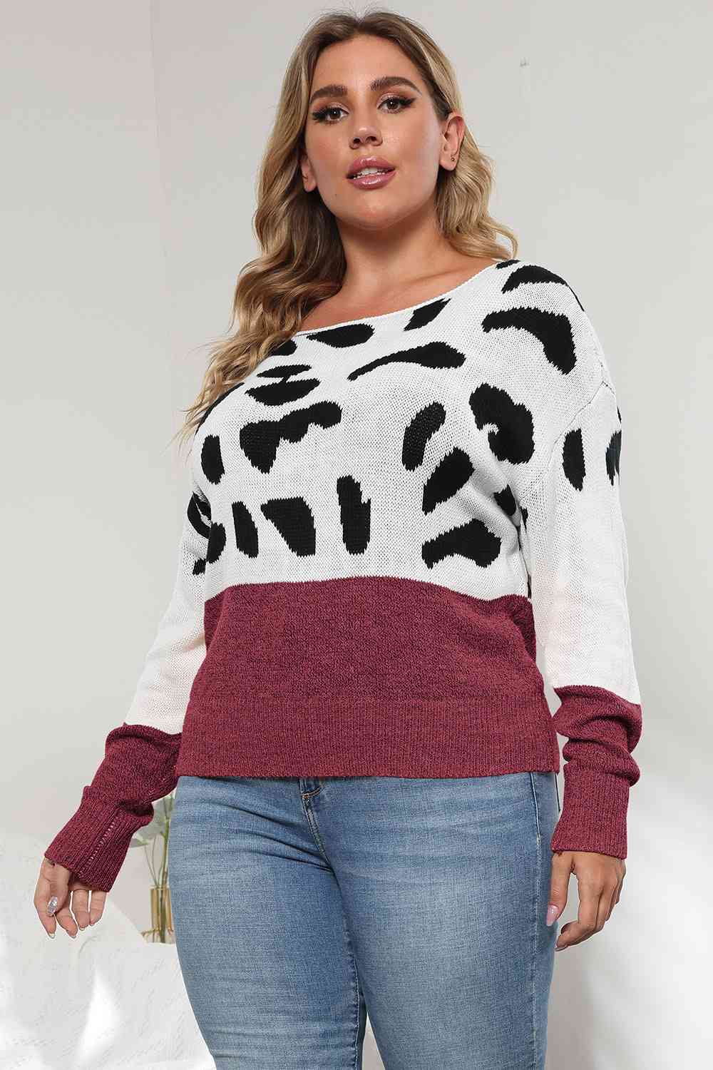 Plus Size Leopard Round Neck Long Sleeve Sweater - Trendsi - Flyclothing LLC