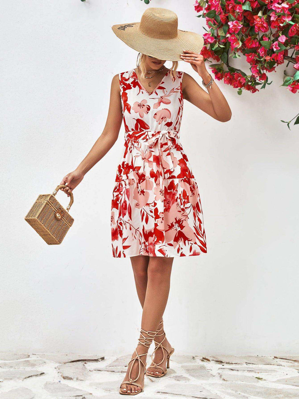 Floral V-Neck Tie Waist Sleeveless Dress - Trendsi - Flyclothing LLC