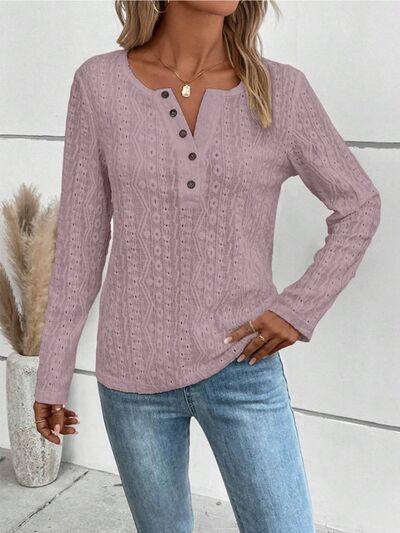 Openwork Half Button Long Sleeve Blouse - Trendsi