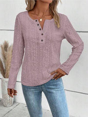 Openwork Half Button Long Sleeve Blouse - Trendsi