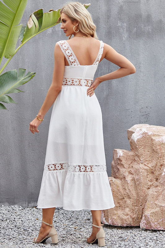 Flower Crochet Wide Strap Midi Dress - Trendsi