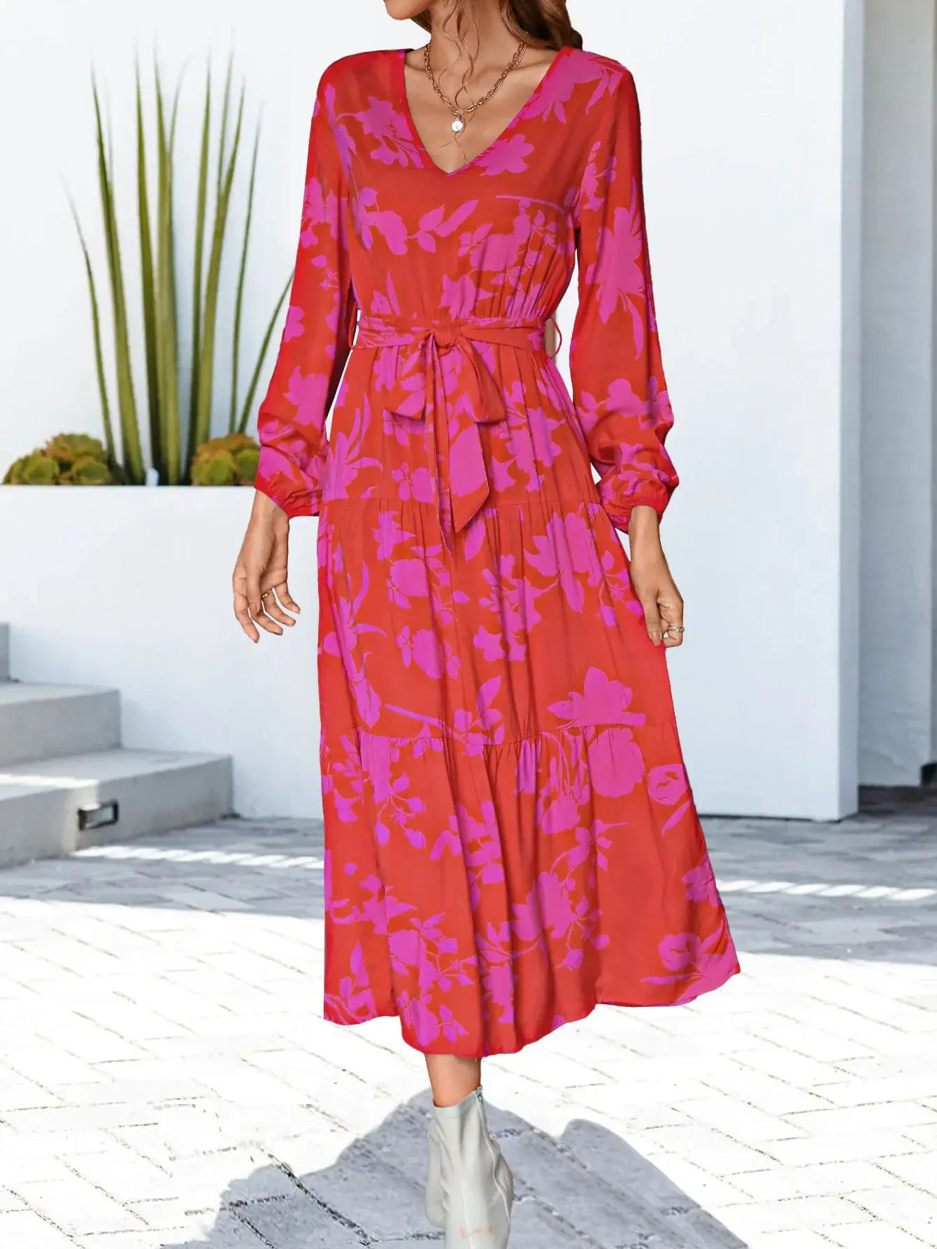 Floral V-Neck Long Sleeve Dress - Trendsi - Flyclothing LLC