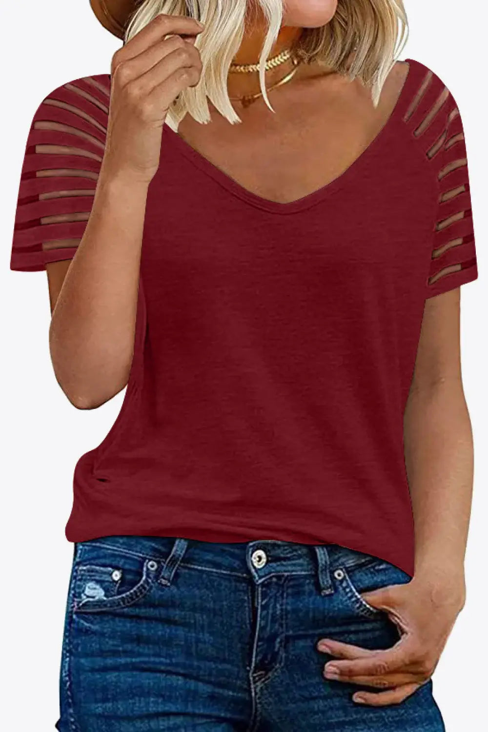 V-Neck Raglan Sleeve Tee - Trendsi - Flyclothing LLC