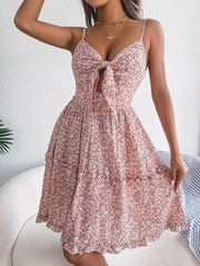 Frill Ditsy Floral Spaghetti Strap Mini Dress - Trendsi