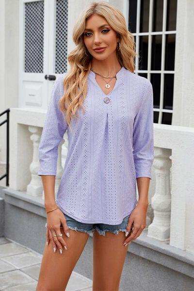 Eyelet Notched Knit Jacquard Top - Trendsi - Flyclothing LLC