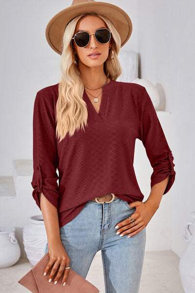 Notched Roll-Tab Sleeve T-Shirt - Trendsi - Flyclothing LLC