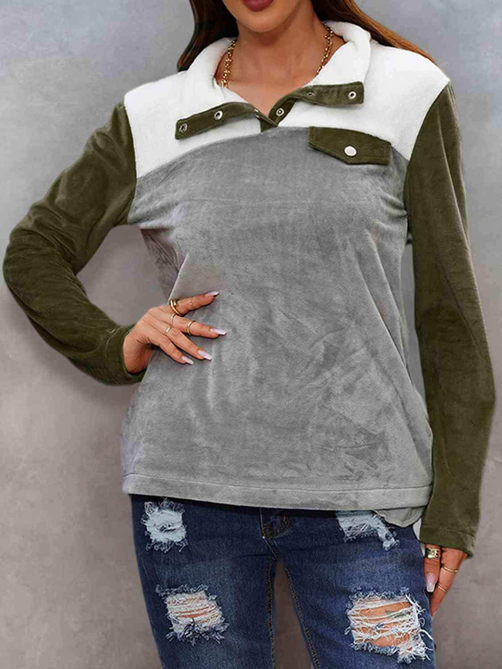Color Block Collared Sweatshirt with Pockets - Trendsi - Flyclothing LLC