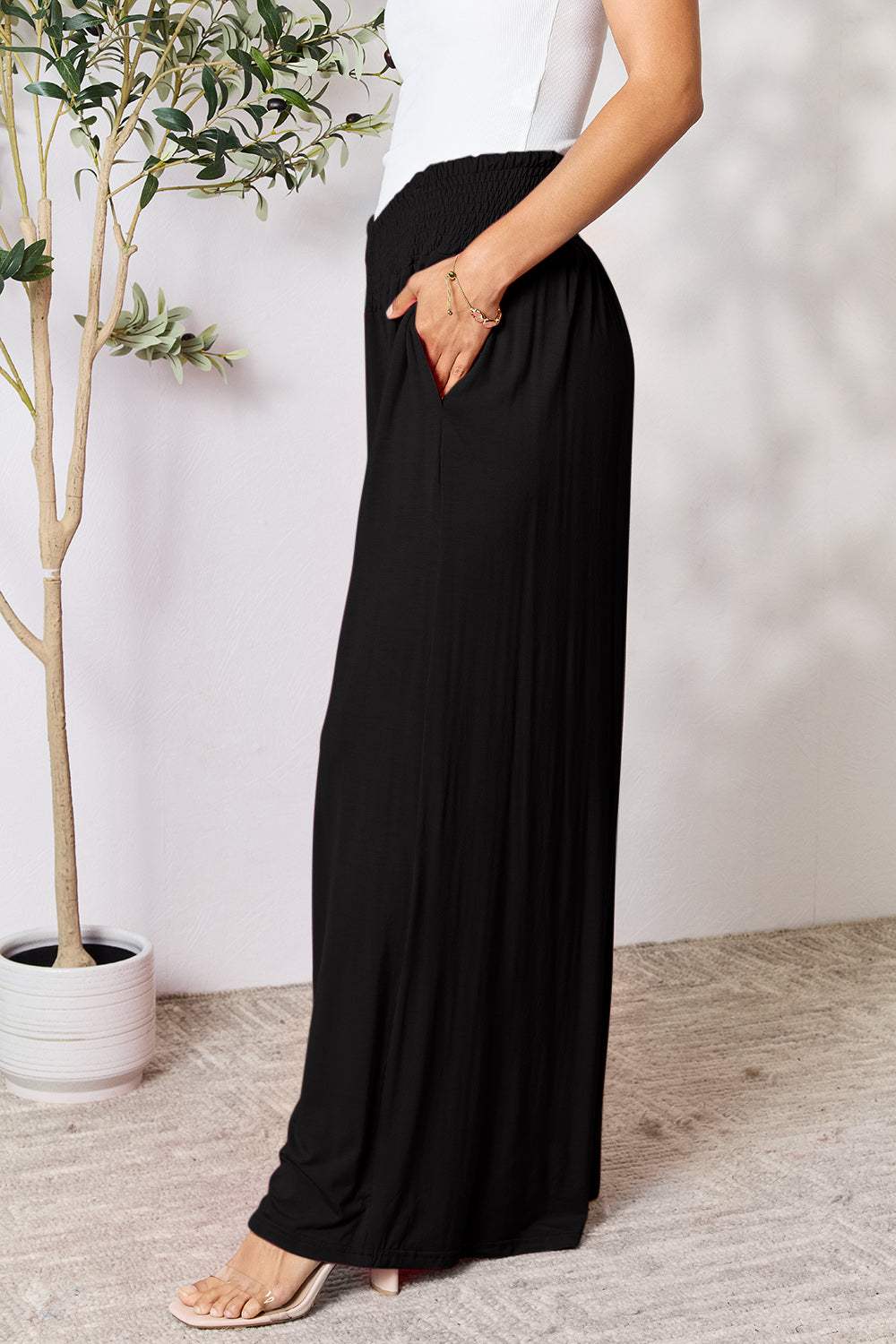 Double Take Full Size Smocked Wide Waistband Wide Leg Pants - Trendsi - Flyclothing LLC