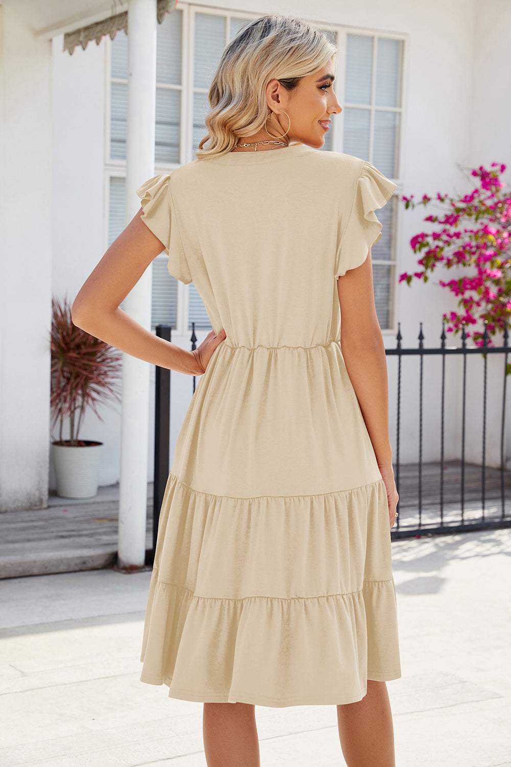 Ruched Notched Cap Sleeve Dress - Trendsi - Flyclothing LLC