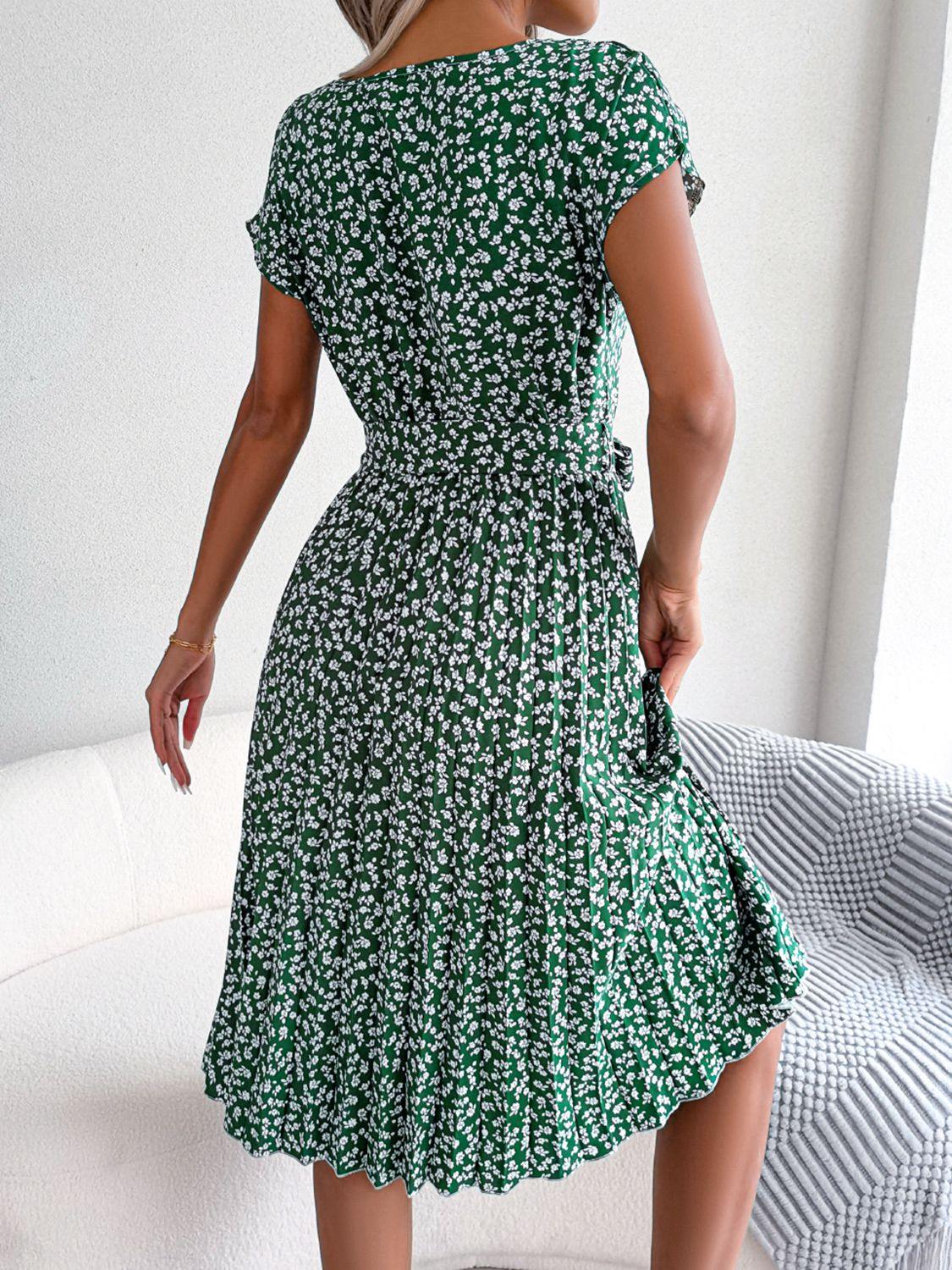 Ditsy Floral Pleated Belted Dress - Trendsi