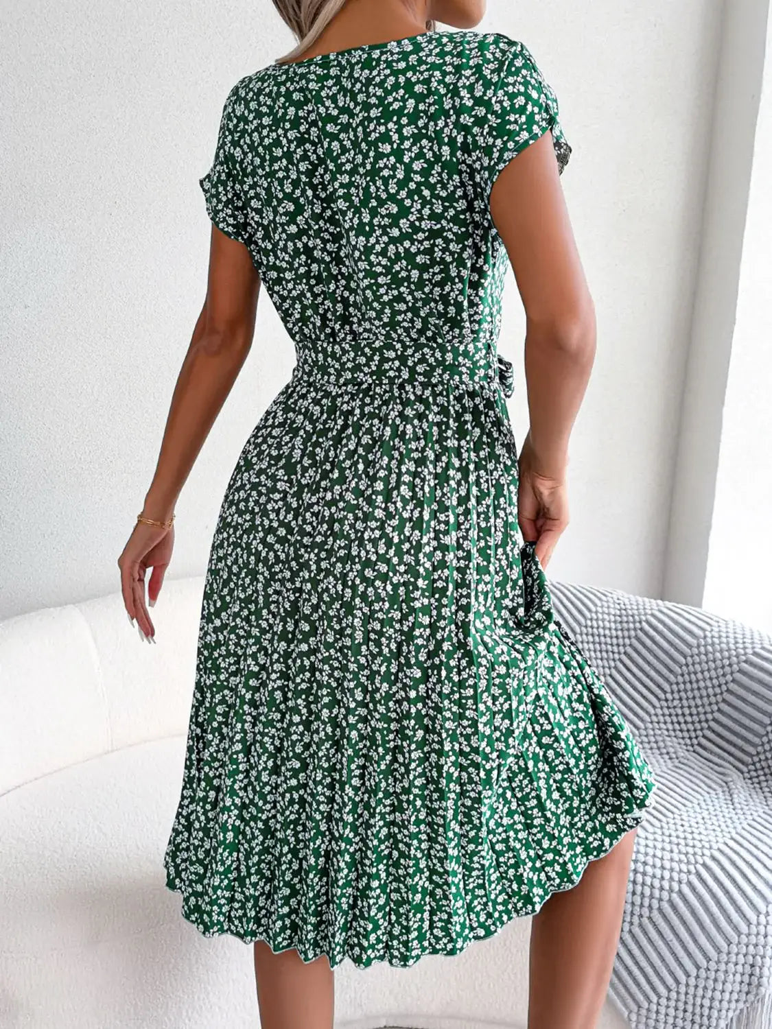 Ditsy Floral Pleated Belted Dress - Trendsi - Flyclothing LLC