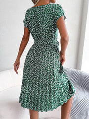 Ditsy Floral Pleated Belted Dress - Trendsi