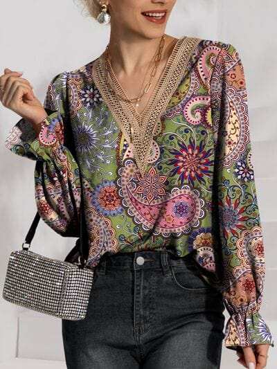 Eyelet V-Neck Flounce Sleeve Blouse - Trendsi - Flyclothing LLC