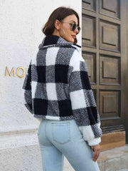 Plaid Dropped Shoulder Buttoned Jacket - Trendsi