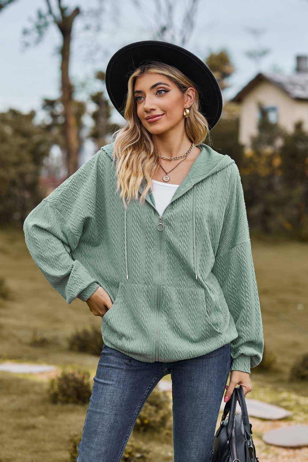 Cable-Knit Long Sleeve Hooded Jacket - Trendsi