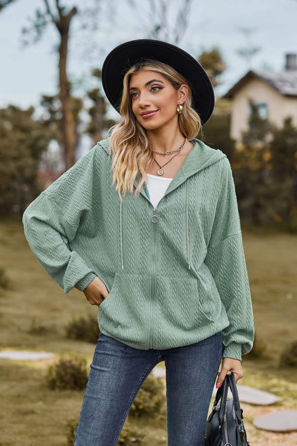 Cable-Knit Long Sleeve Hooded Jacket - Trendsi - Flyclothing LLC